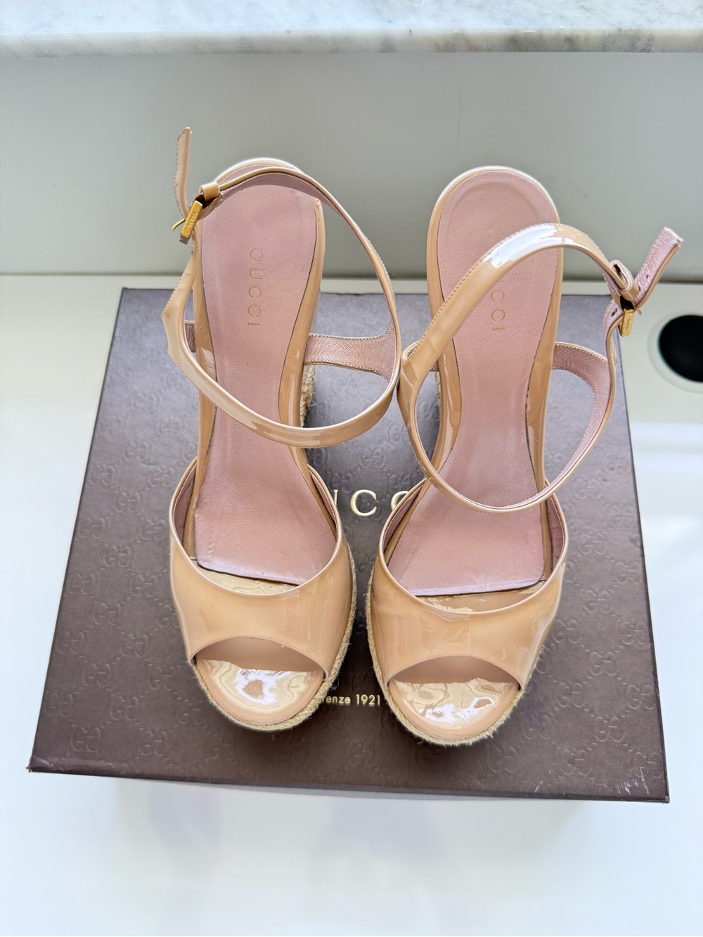 Gucci Nude Patent Leather Cork Platform Wedge Espadrille Sandals | Ankle Strap |